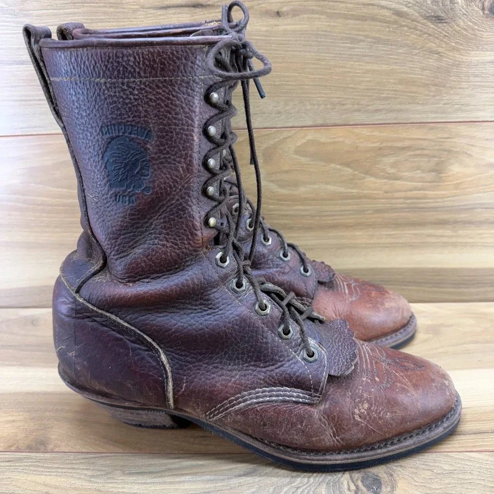 Chippewa Vintage Packer Boots Mens 11 D Brown Leather Kiltie Lace Up USA Vibram
